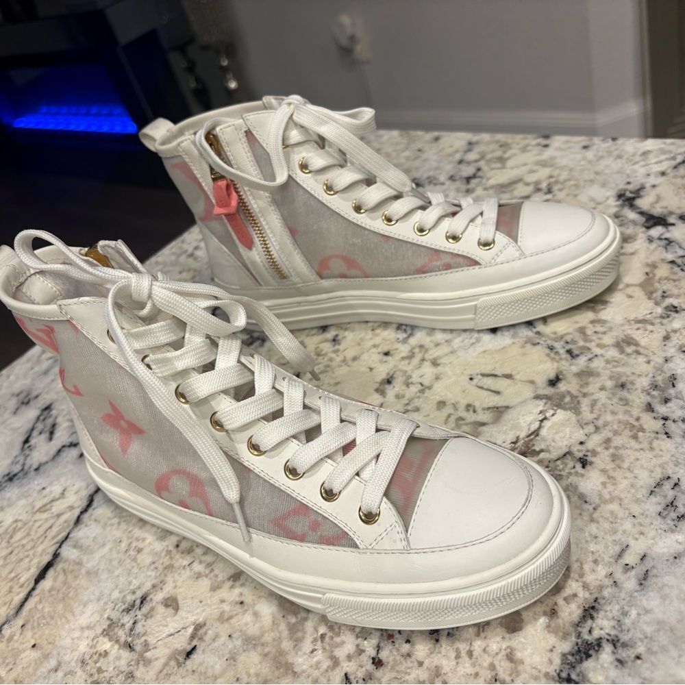 Louis Vuitton White and Pink High-Top Sneakers